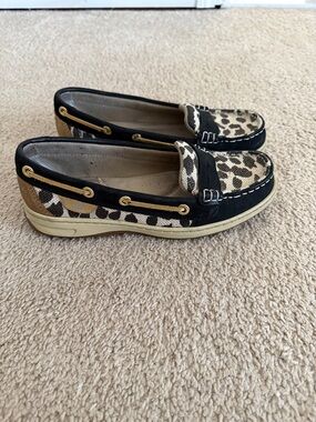 Sperry Leopard Print Canvas & Black Leather Deck Loafers